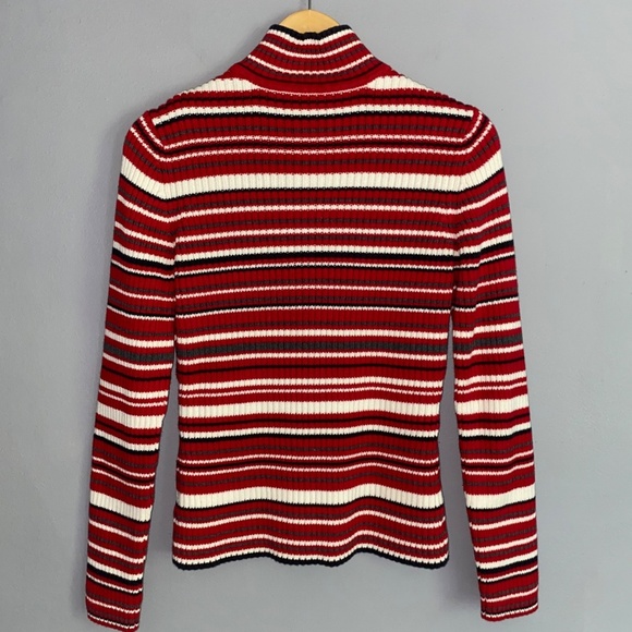 TOMMY HILFIGER Quarter Zip Stripe Sweater Red Balck White Women's Medium - Picture 2 of 7